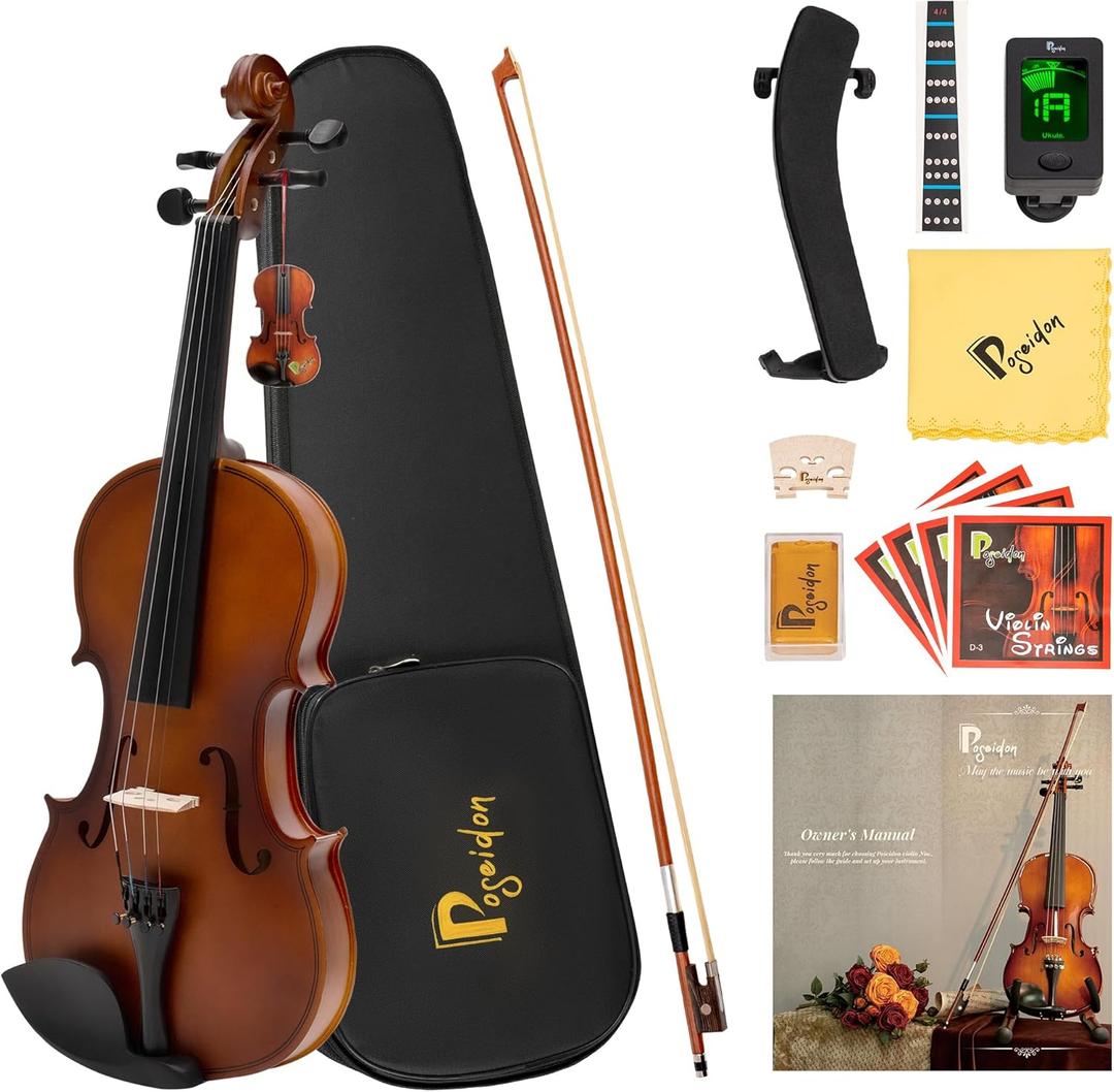 Poseidon Stringed Musical Instruments - Premium Handcraft Violin for Kids Adults 4/4 Violin w/Case, Violin Bow, Horse Bridge, Extra Strings, Shoulder Rest, Rosin, Clip-on Tuners - Natural Matte