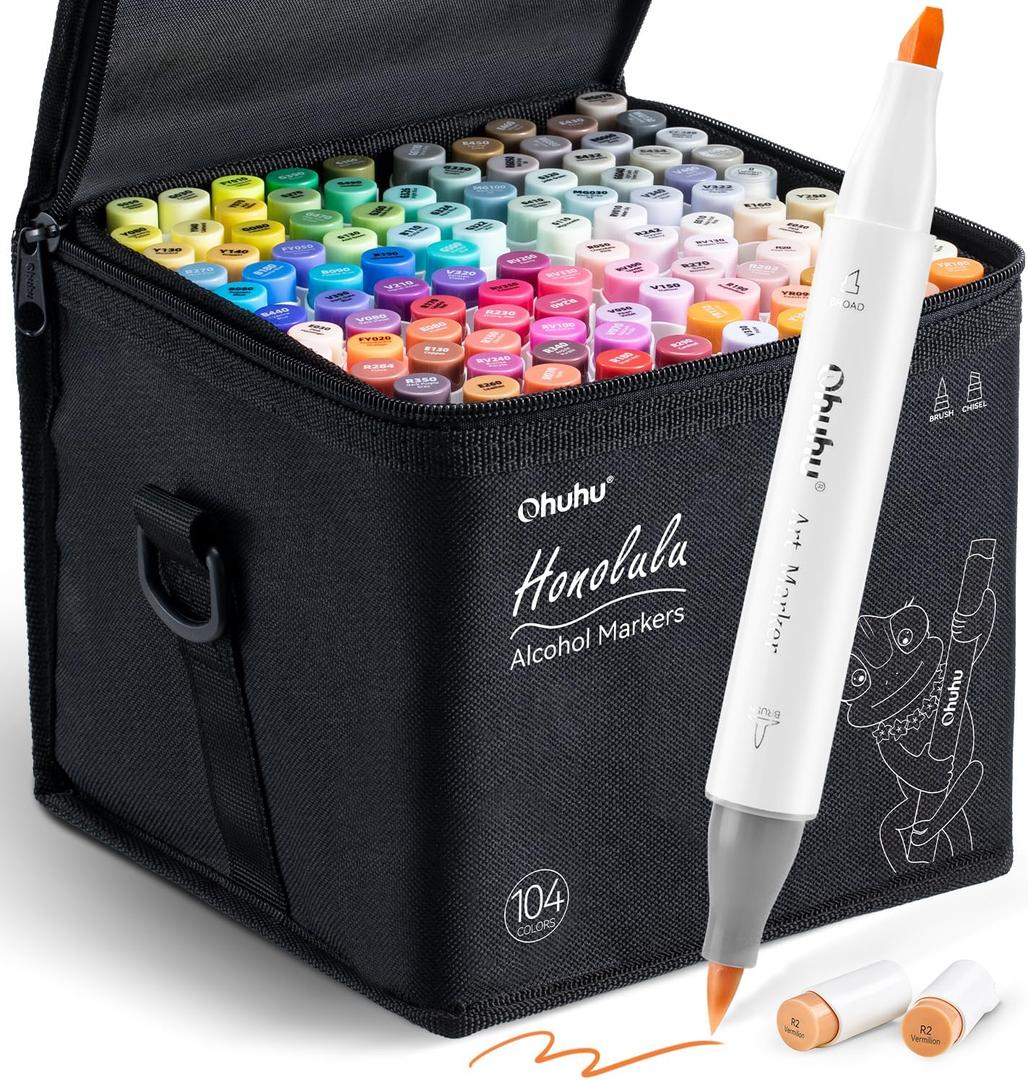 Ohuhu Alcohol Markers Brush Tip- 104-color Double Tipped Alcohol Based Art Marker Set for Artists Adults Coloring Illustration- Honolulu of Ohuhu Markers- Dual Tip Brush & Chisel- Refillable