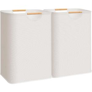 STORAGE MANIAC 2-Pack Large Laundry Hamper, 80L (21.1 Gal) Collapsible Laundry Basket with Bamboo Handles, Freestanding Waterproof Clothes Hamper for Laundry Room, Bedroom, Dorm, Towels, Toys, Beige