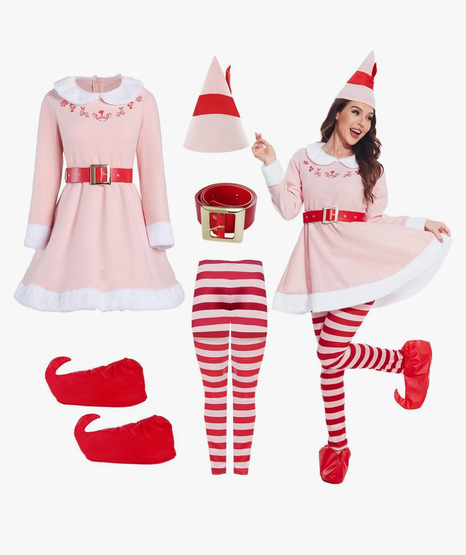 Elves Costume for Women Christmas Elves Outfit with Hat & Accessories,Halloween Christmas Cosplay Costumes for Adults, Medium