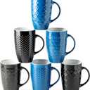 AmorArc Large Coffee Mugs Set of 6, 20oz Ceramic Tall Coffee Mugs Set with Textured Geometric Patterns for Latte/Tea/Beer/Hot Cocoa, Dishwasher & Microwave Safe, Multi (Black&Blue)