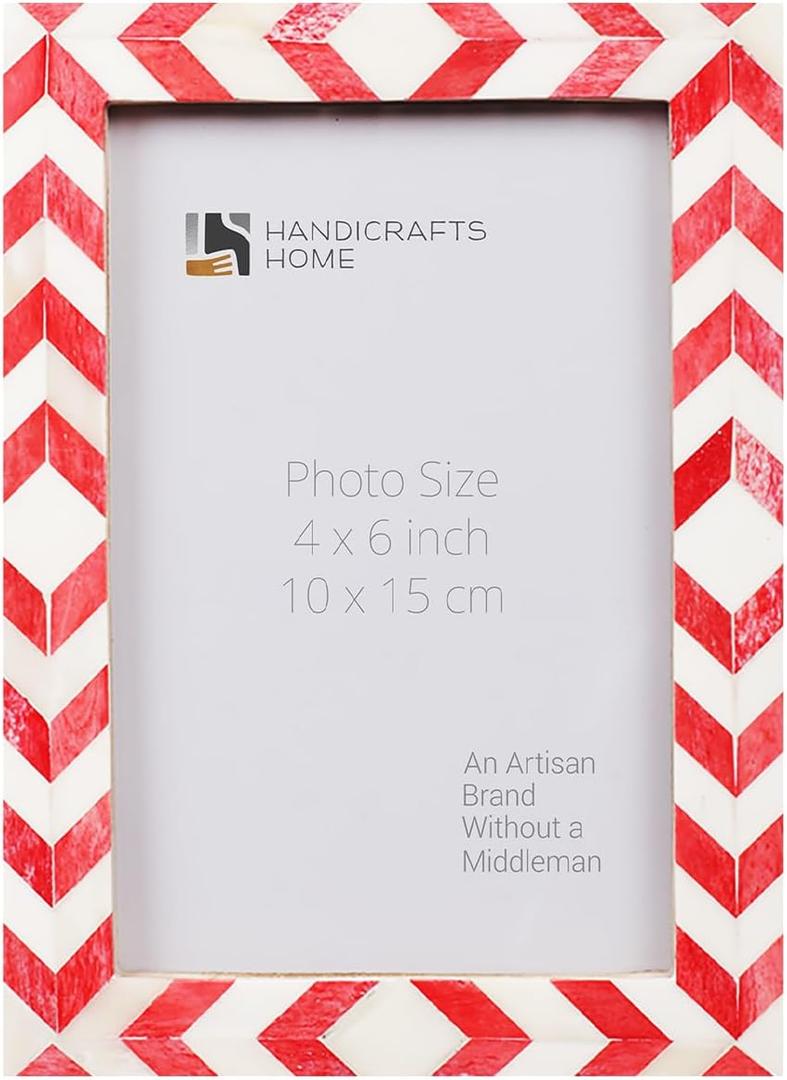 Handicrafts Home Red Picture Frame, Handmade Bone inlay 4x6 Frame for Living Room, Bedroom, Office, Desk, Shelf & Gallery Wall, Wall & Tabletop Display, Modern Farmhouse, Mosaic Chevron Collection