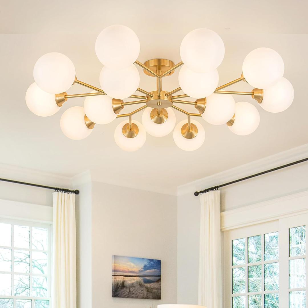 38.5" Semi Flush Mount Ceiling Light, 15-Light Modern Gold Ceiling Light Fixture with Opal Glass Globe, Mid-Century Large Sputnik Chandelier for Living Room Dining Room Hallway MISSING TWO LIGHTS