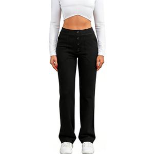 Women's High Waisted Straight Leg Pants - Multi Button Casual Trousers with Stretch for Daily and Lounge Wear (Black)
