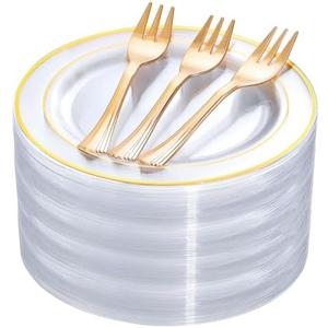 DaYammi 240Pcs Appetizer Plates Include 120Pcs Gold Dessert Plates 6.3inch with 120Pcs Gold Plastic Forks 5.7inch,Clear gold plates Disposable Salad Plate for Party Cake Plate for Wedding