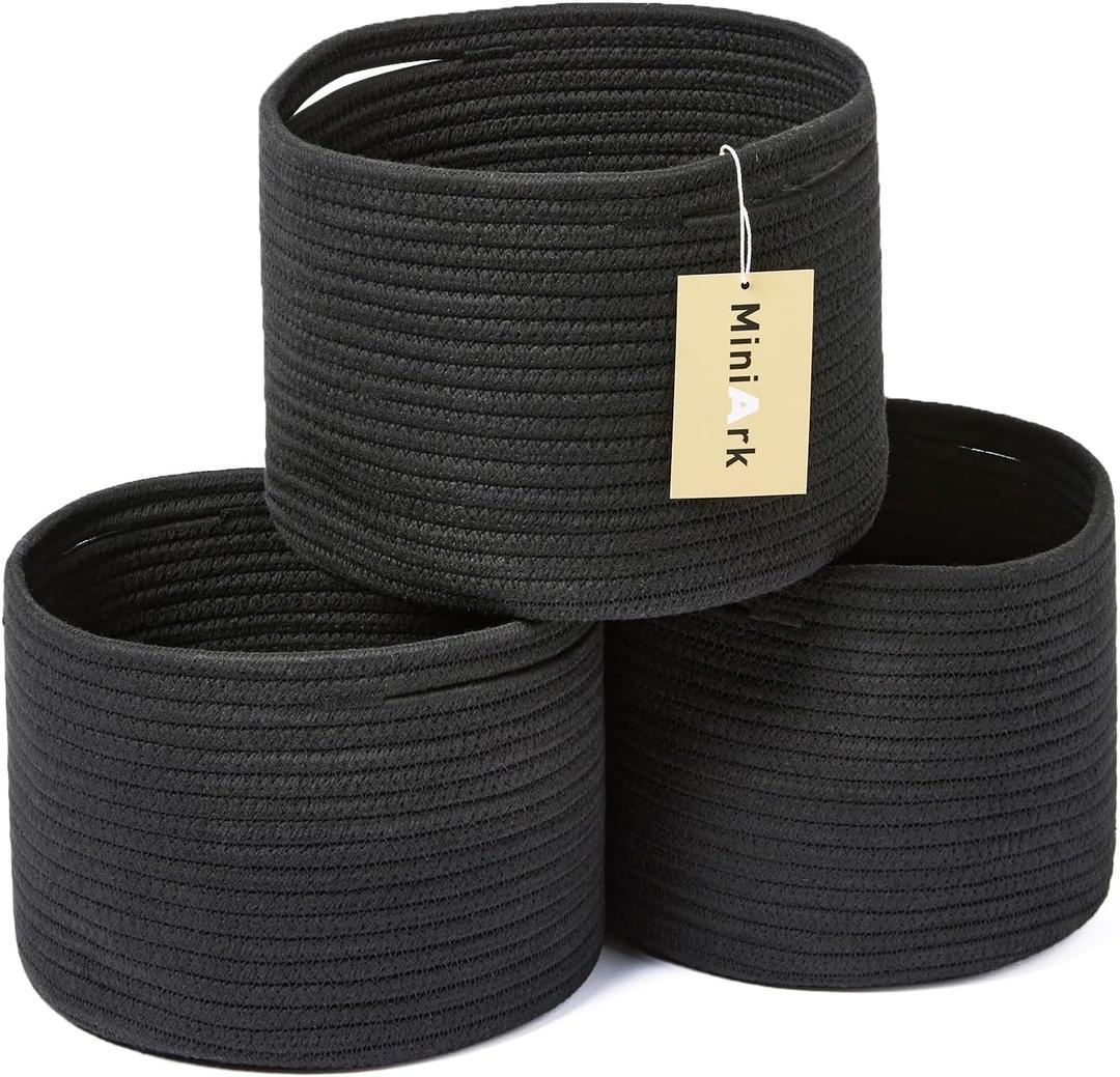 MiniArk Small Basket for Organizing | Cube Shelf Closet Storage Baskets | 9.79.77.1 | Woven Rope Gift Basket | Nursery | Round 3 Packs Black