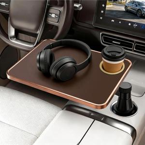 Car Tray & Desk for Laptop, Dual 360 Rotating, Anti-Slip Leather Surface, Steering Wheel Tray, Car Accessories- Compatible with Tesla Model Y/3/S, Ford F150/Explorer/Most Vehicles (Brown)