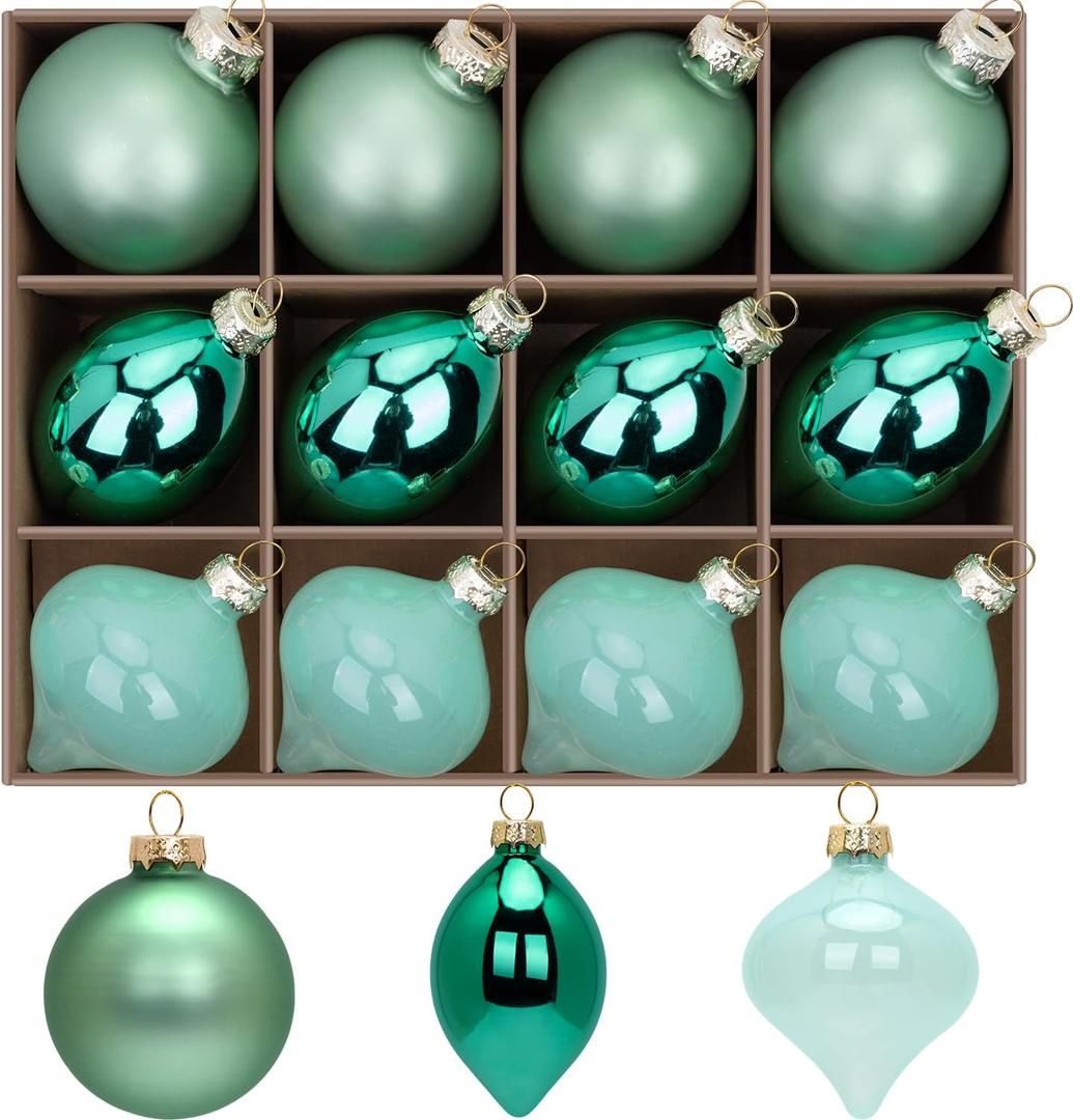 12 Pcs Green Glass Christmas Ball Ornaments Set, Assorted Hanging Baubles for Christmas Tree, Vintage Blown Green Decorations for Winter Holiday Xmas Tree Dcor