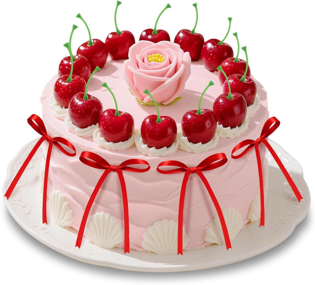 26 Pcs Cherry Cake Decorations & Red Bows Cake Toppers Decor, Artificial Fake Cherries Fruit for Birthday, Valentine's, Wedding & Anniversary Cakes
