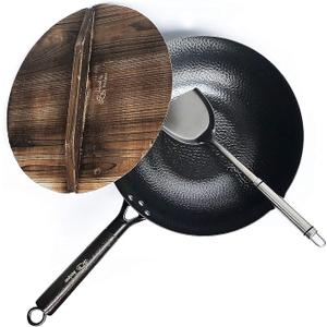 Souped Up Recipes 12.5 Inch Carbon Steel Wok For Electric, Induction and Gas Stoves (Lid, Spatula and User Guide Video Included)