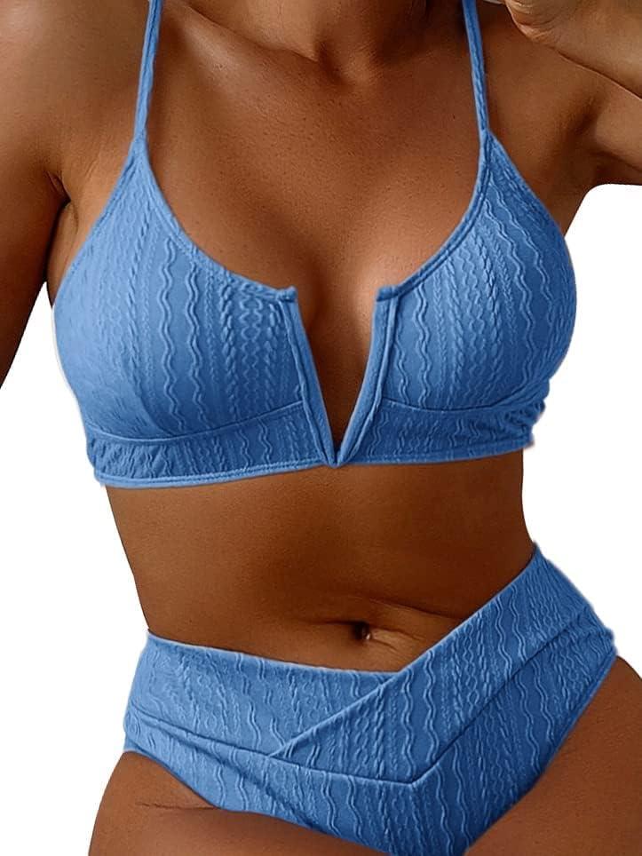 HYTENSUN Women's V Cut High Waisted Bikini Ribbed V-Wired Cami Two Pieces Swimsuit (S, Blue)