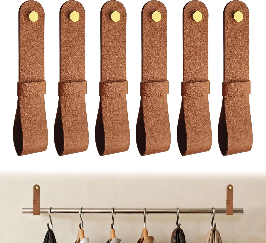 LELE LIFE 6 Pack Leather Curtain Rod Holders, Decorative Curtain Rod Brackets for Wall with Screws & Brass Caps, Hanging Straps Pole Hanger Hook for Towel Tapestry, Brown