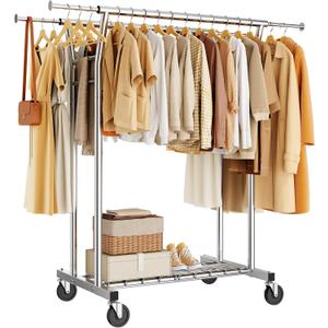 HYSEYY Heavy Duty Clothes Rack, Rolling Clothing Rack for Hanging Clothes with Shelves Load 700LBS,Portable Garment Wardrobe Closet Rack with Wheels for Bedroom,Laundry Room,Retail Store,Silver