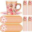 Rtteri 100pcs Tea Party Decorations 9 oz Paper Tea Cup and Saucers Set Includes 50pcs Disposable Cups 50pcs Party Plate Pink Floral Decorations for Women Nurse Wedding Birthday Princess Baby Shower