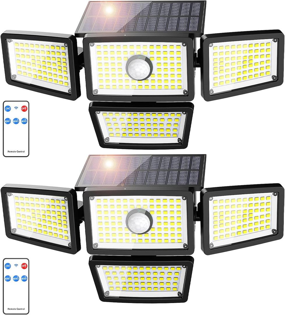 3000LM Solar Lights Outdoor, 4 Adjustable Heads Solar Motion Sensor Lights with 283 LED, IP65 Waterproof Security Wall Lights, Remote Control Flood Lights for Graden, Outside, Backyard 2 Pack