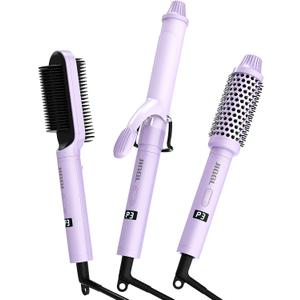 JIGGL 3-in-1 Interchangeable Hair Styler: 1.25" Curling Iron, 1.5" Heated Round Thermal Brush & Hair Straightener Combo for Travel, Dual Voltage,Straight/Curl/Blowout Short and Long Hair, Purple