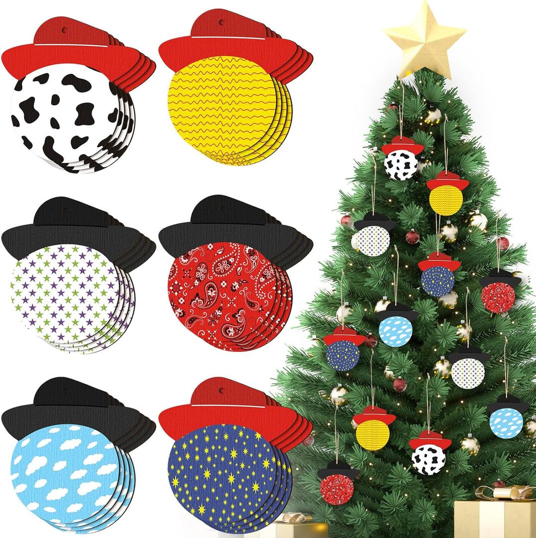 2 x Shellwei 24 Pack Christmas Cartoon Ornament Wooden Inspired Cartoon Hanging Xmas Party Tree Ornament Western Cowboy Christmas Supplies for Crafts Holiday Decor