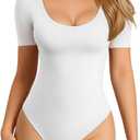 MANGOPOP Long Short Sleeve Bodysuits for Women Scoop Neck Ribbed Body Suit Stretchy Basic T Shirt Tops (Large)