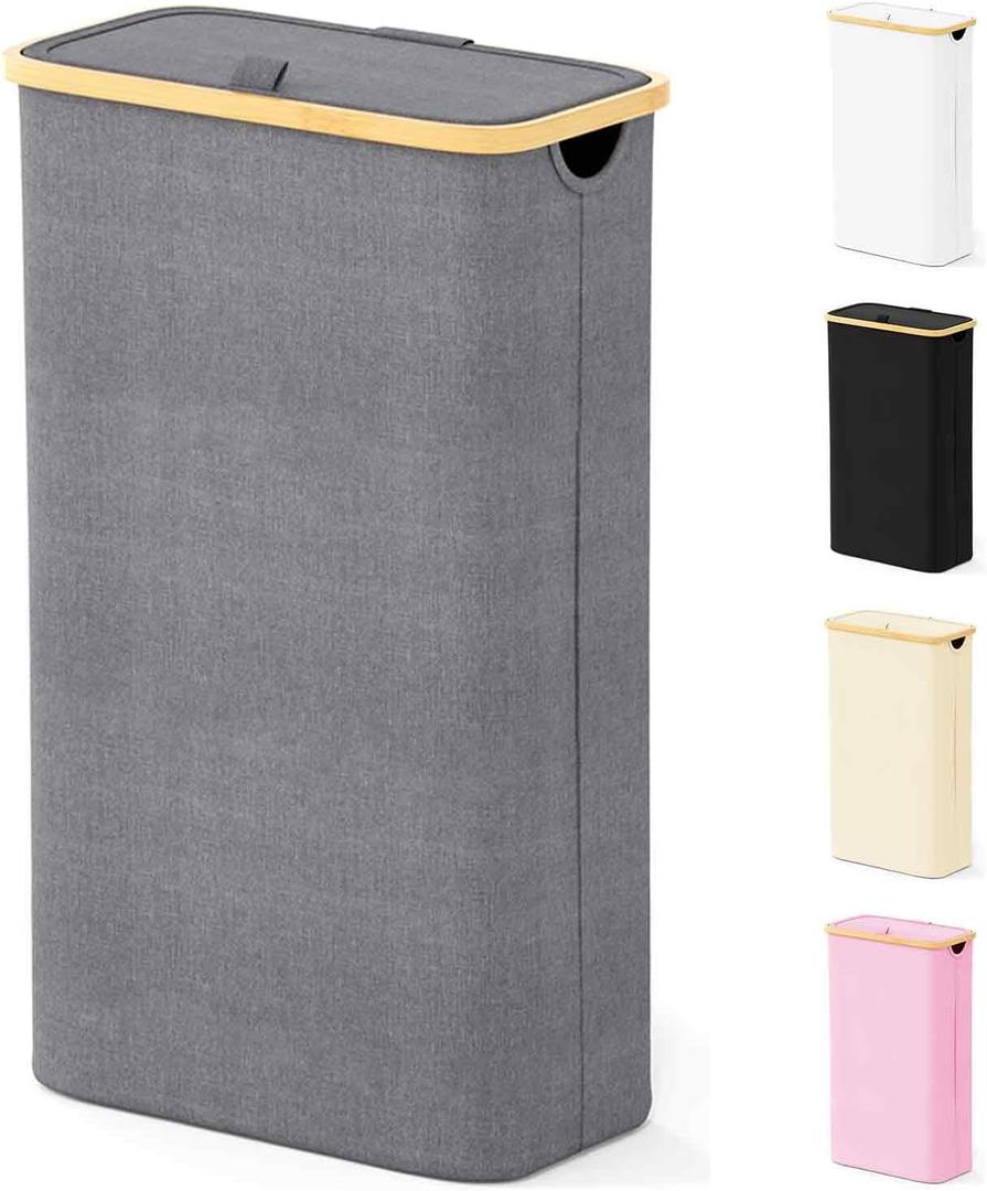 SpaceAid Slim Laundry Hamper with Lid, 65L Narrow Clothes Basket Bin with Bamboo Handles, Skinny Tall Collapsible Hamper for Bedroom, Bathroom, Dorm, Laundry Room - Grey