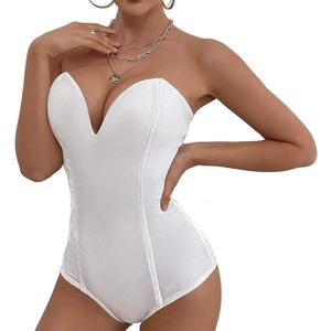 Women Strapless Velvet Bodysuit Back Lace Up Jumpsuit,Sexy Bodysuit Top Playboy Bunny Halloween Costume (Medium, Raw White)