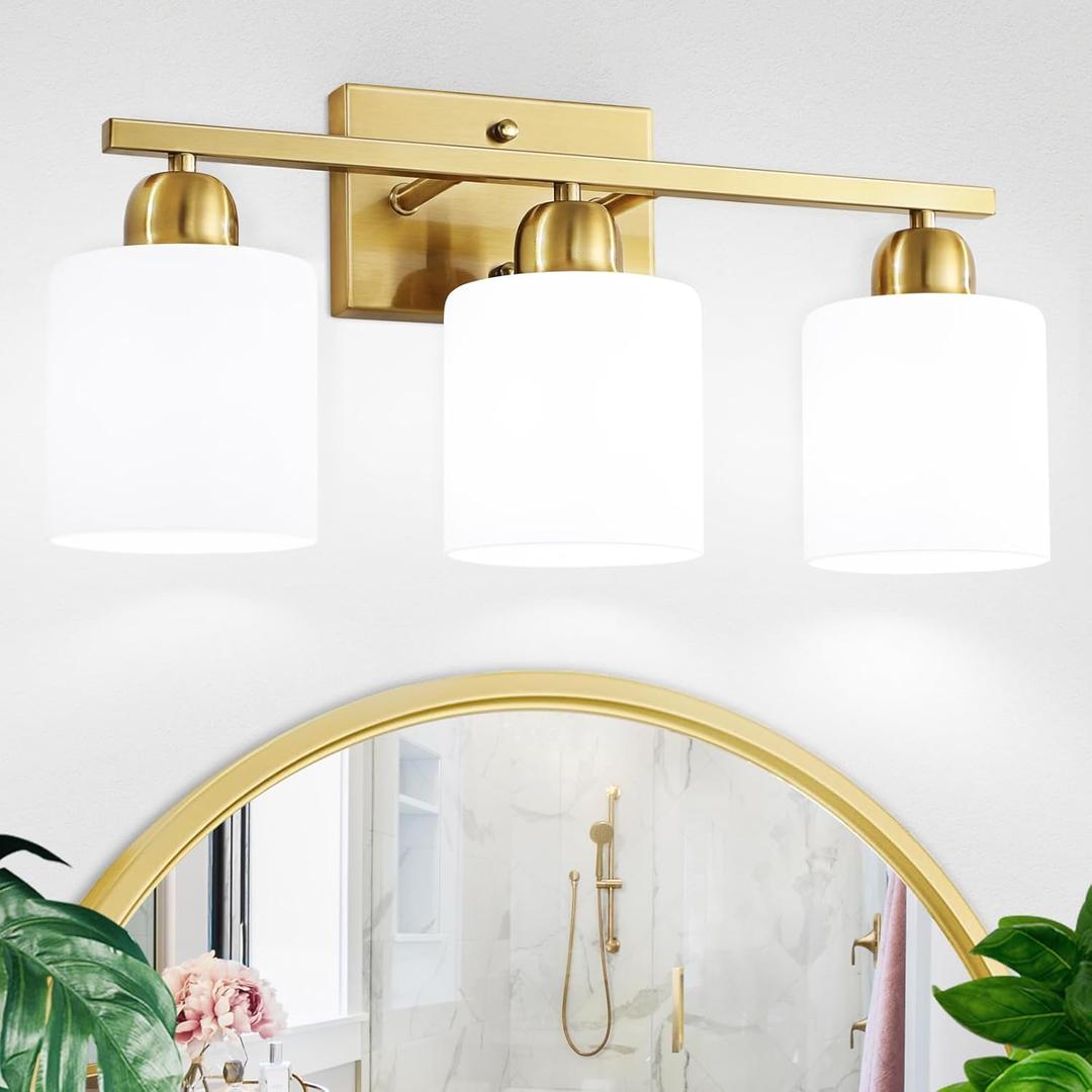 3 Light Gold Bathroom Light Fixtures, Modern Bathroom Vanity Lights with Milky White Frosted Glass Shades, Gold Vanity Mirror with Lights for Mirror Living Room E26 Base