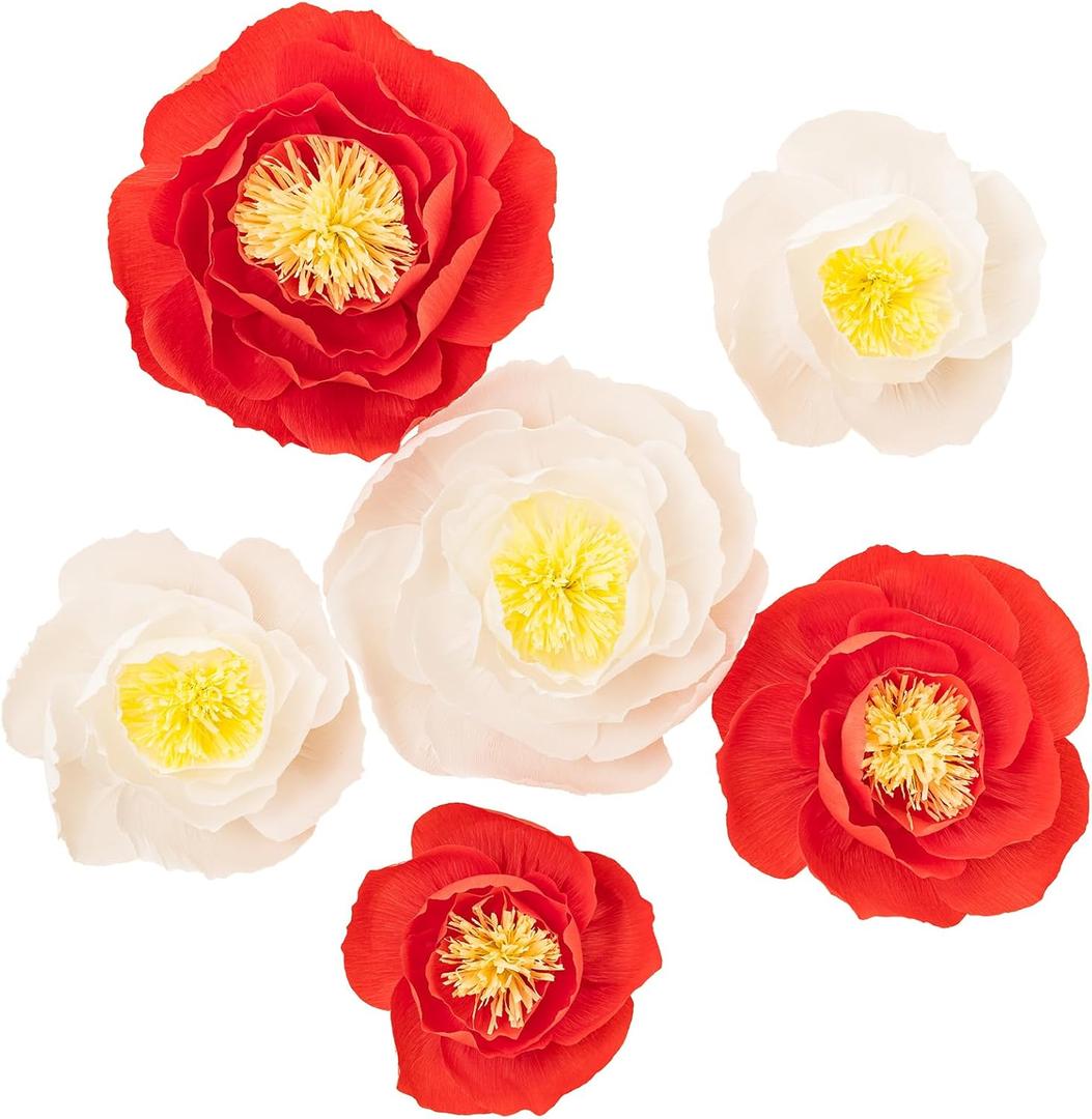 Crepe Paper Flowers Decoration for Wall, Artificial Flowers for Wedding Decor,Flower Backdrop Decor,Baby Shower,Birthday,Archway Decor, Nursery Wall Decor(White and Orange Red,Set/6)