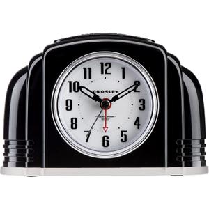 Crosley Vintage Art Deco Analog Alarm Clock, Quiet Ticking, Automatic Dimmable Smart Light, Simple Controls, (Black), Small