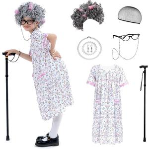 Old Lady Costume for Kids,100 Days of School Costume for Girls, Grandma Cosplay set (Large)