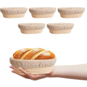Nalcant 5 Pack Oval Banneton Proofing Basket Set 6 Inch, Natural Rattan Sourdough Bread Baskets with Linen Liners, Mini Dough Baking Bowls for Artisan & Home Bakers (6" Oval, Set of 5)
