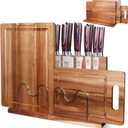 XYJ Acacia Wood Knife Block with Cutting Boards, Dual Magnetic Holder, 2-Piece Chopping Boards (Large & Small), Space-Saving Countertop Organizer, Rustic Kitchen Set without Knives