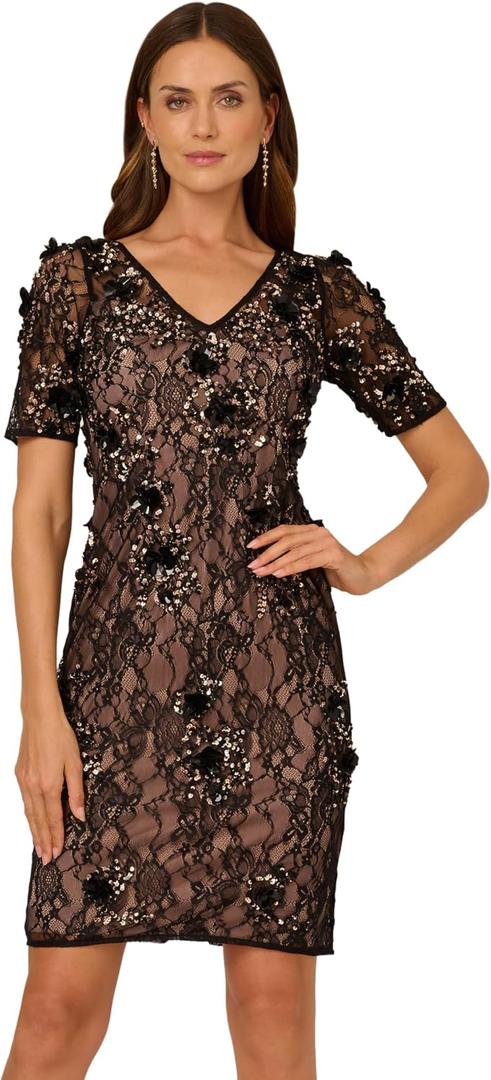 Adrianna Papell Women's Bead Lace Sheath Dress, Black/Rosegold, Size 18