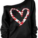 MAGICMK Woman’s Sweatershirt Lips Print Causal Blouse Off The Shoulder Long Sleeve Loose Slouchy Pullover Plus Size Tops, Black, XL