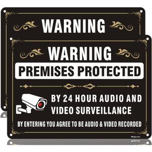 2 Pack Premises Protected by 24 hour Audio and Video Surveillance Signs,10x7 Inch By Entering You Agree Recording Sign, Weatherproof Rust-Free Reflective Aluminum,Easy to Mount for Indoor/Outdoor Use
