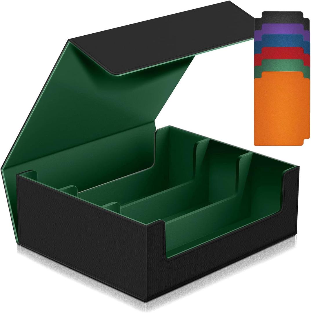 1800+ Trading Card Storage Box, Magnetic Closure Toploaders Storage Box Hold 600+ 35PT 3"x4" Standard Toploaders, PU Leather Card Deck Boxes Fit for MTG,Sport Cards,Game Cards (Black&Dark Green)