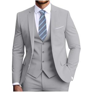 Men's Slim Fit 3-Piece Suit Set, Formal Wedding Tuxedo in Black, Navy Blue (Light Grey, 3XL)
