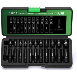 23 Pieces 1/4-Inch Drive Shallow and Deep 12-Point Impact Socket Set, CR-V, 5/32 to 9/16 in, SAE, 1/4"-1/4" Drill Adapter