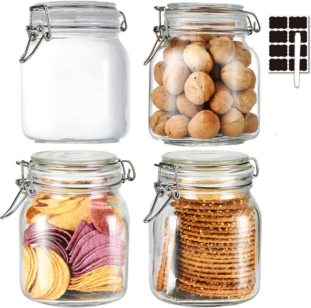 32oz Glass Food Storage Jars with Airtight Clamp Lids,Set of 4 Airtight Glass Canister Square- Clear Storage Container for Kitchen Container Storing Sugar, Flour, Cereal,Coffee,Spice