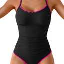 Eomenie Women's One Piece Swimsuit Tummy Control Slimming Bathing Suit Ruched Swimwear Tie Back Shell Stitch Swim Suit (Medium, Black Pink)