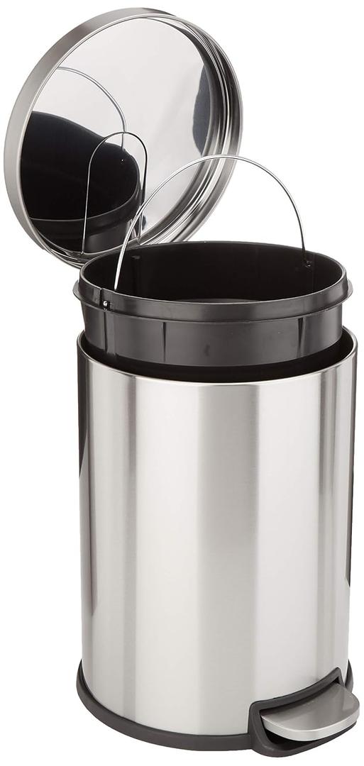 Amazon Basics Round Cylindrical Trash Can with Soft-Close Lid, Foot Pedal, Removable Inner Bucket, Smudge Resistant, 20 l/5.3 gallon, Brushed Stainless Steel