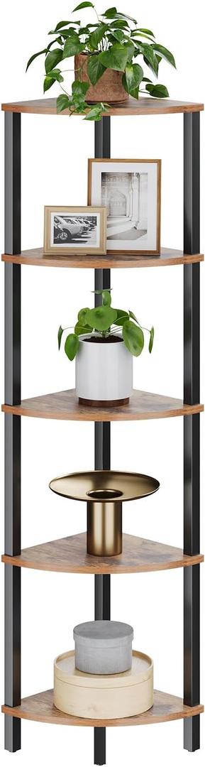 VIMBER Corner Shelf, 5-Tier Corner Bookshelf, Industrial Corner Ladder Shelf, Rustic Display Shelf for Living Room, Bedroom, Kitchen, Home Office, Rustic Brown and Black UJSJ001H