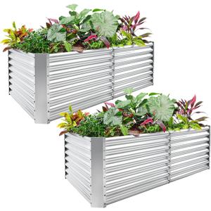 Land Guard 2 Pack 6×3×2 ft Galvanized Metal Raised Garden Bed, 2FT Deep Root Elevated Planter Box Steel Large Vegetable Flower Bed Kit, Silver (Pack of 7)
