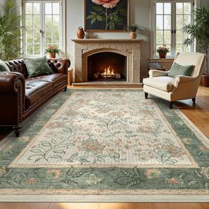 GarveeHome Area Rugs 8x10 for Living Room, Sage Green Botanical Floral Print Washable Rug Soft Non Slip Floor Mat Carpet Indoor Thin Cottage core Rug for Bedroom Dining Room Playroom Nursery Room