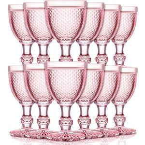 Bokon 12 Pack Pink Glass Goblets Set 10 oz High Clear Wine Glass Vintage Water Goblets Cups Embossed Diamond Design Glassware with Stem for Drinking Juice Liquor Party Wedding Bar, Standard