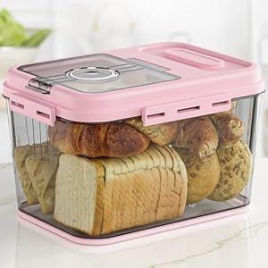 Bread Box For Kitchen Countertop, Airtight Bread Storage Container, Bread Container For Homemade Breads, Cookies, And Cake, Grey Bread Keeper (Pink)