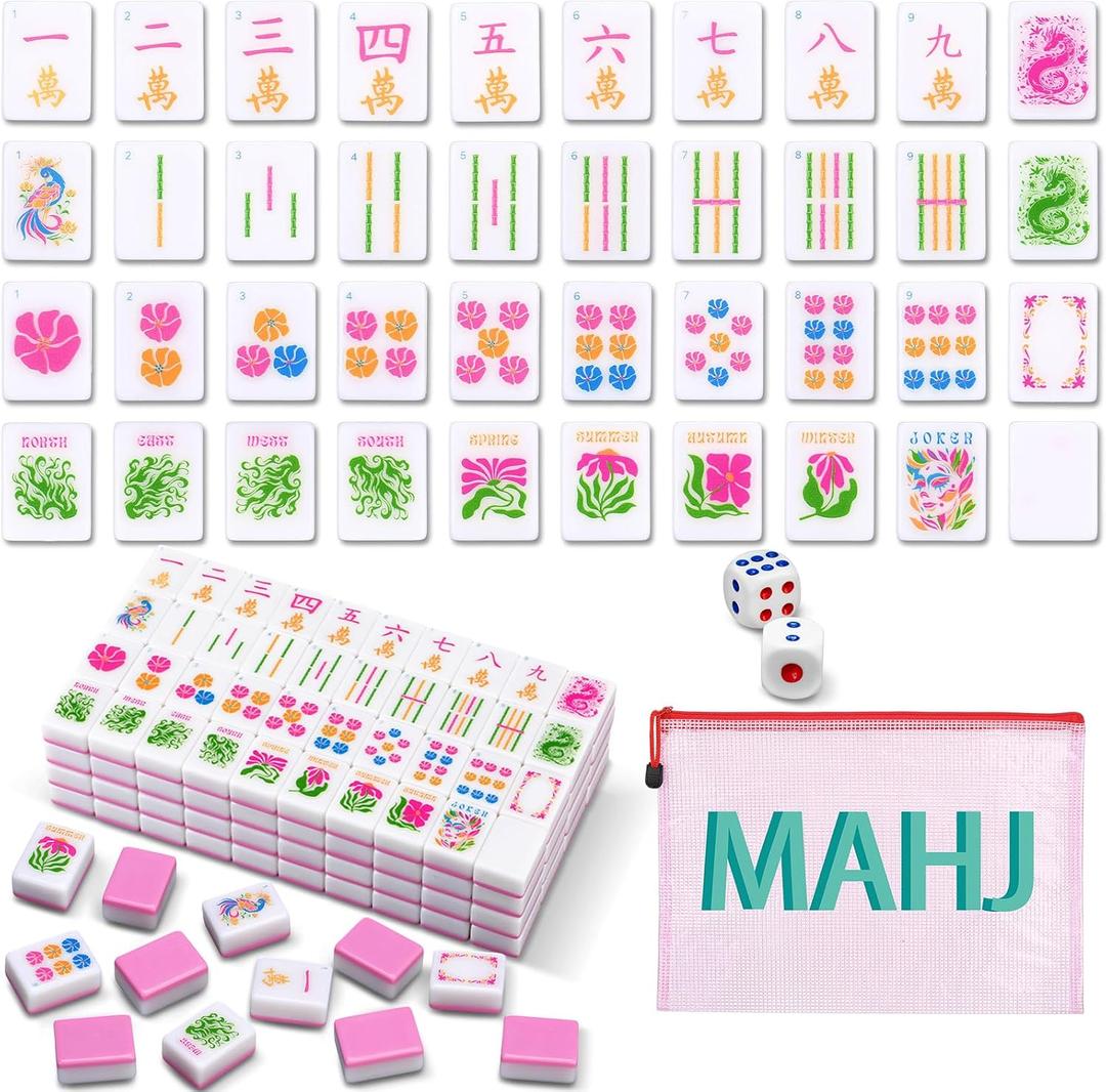 Soulchen Kaleidoscope Mahjong Tile Set 160 Mahjong Tiles 1.2'' Pink American Mahjongs Tile Set with Mahjongs Bag