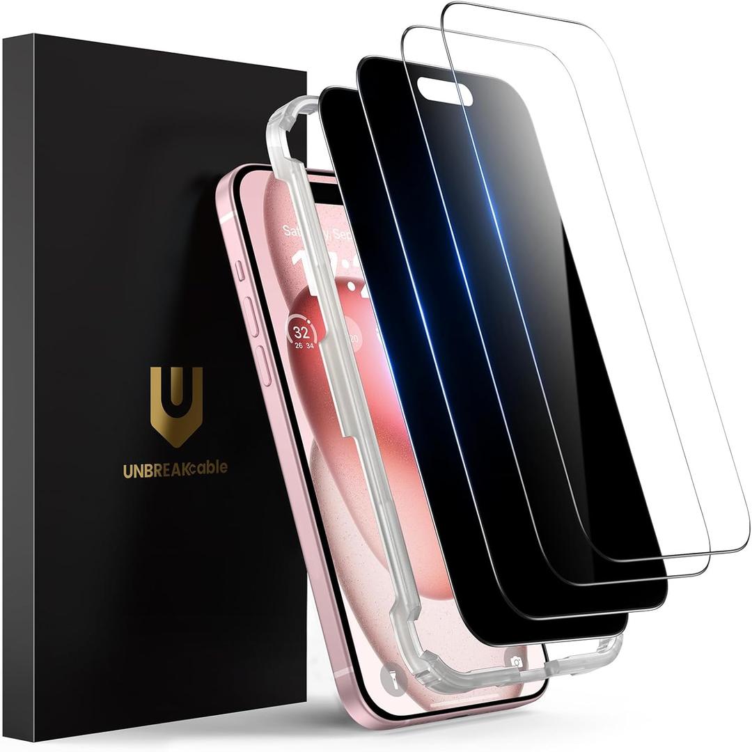 UNBREAKcable 4PCS Screen Protector for iPhone 15 Plus - 2 Privacy Tempered Glass+ 2 Clear Glass Double Shatterproof [Installation Frame] [9H Hardness] [Case Friendly] Anti-Scratch iPhone 6.7 inch