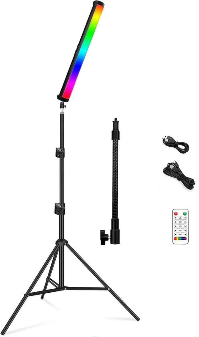 RGB Led Video Light Stick Wand with Stand, QEUOOIY 360° Full Color 2500-9500K Portable Studio Photography Lighting, 5000mAh Rechargeable Battery & Magnet with 27"-78.7" Tripod for Vlog