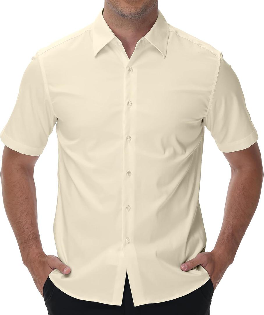 Men's Short Sleeve Dress Shirts Wrinkle Free Stretch Formal Wedding Prom Regular Fit Button Down Shirt (XL)