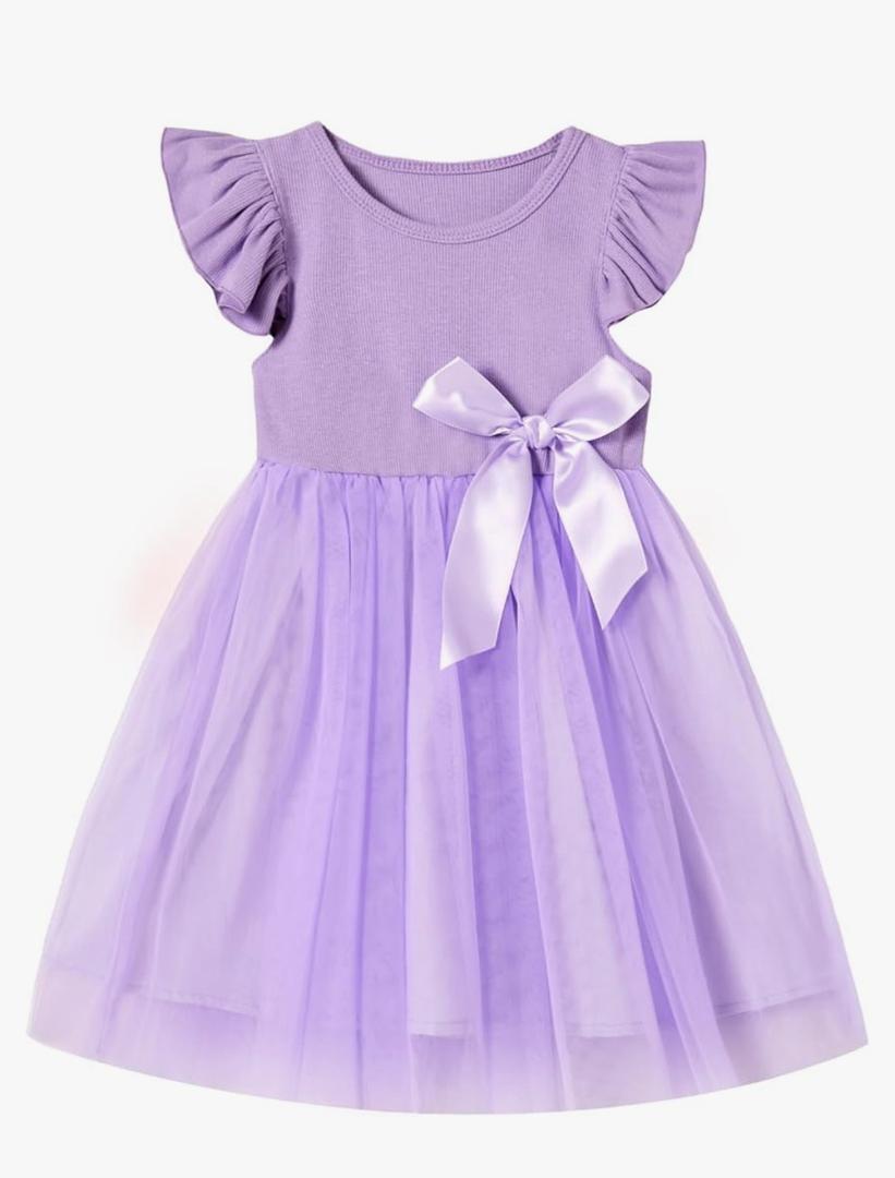 Toddler Girls Ruffle Sleeve Tulle Dress Elastic Waist Bow Kid Casual Sundress, 120
