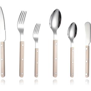6-Piece Stainless Steel Silverware Cutlery Set - Color Handle with Rivet/Retro Style Sabre Flatware - Includes Dinner Knife; Dinner Fork; Salad Fork; Soup Spoon; Teaspoon; Spreader (Beige white)
